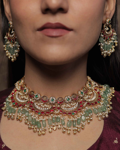 MultiColor Gold Plated Jadau Kundan Necklace Set - SET130MC