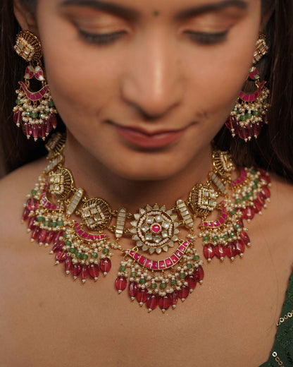 Multicolor Gold Plated Jadau Kundan Necklace Set - SET131MC