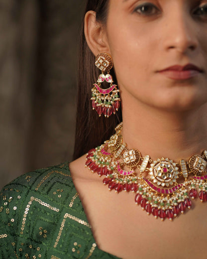 Multicolor Gold Plated Jadau Kundan Necklace Set - SET131MC