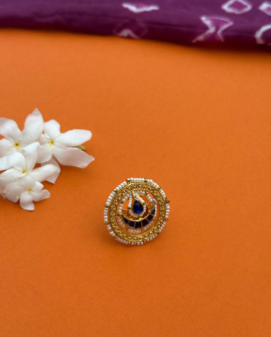 Blue Color Gold Plated Jadau Kundan Ring- R101BL