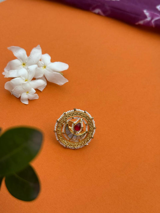 Pink Color Gold Plated Jadau Kundan Ring- R101P